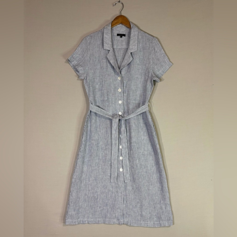 Quince 100% Linen Blue White Stripe Shirt Dress Belted Coastal Luxe
